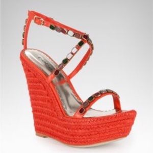 Bebe Gem Stone Raffia Espadrille Wedge 9 M